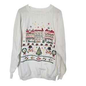 Vintage Christmas Sweater Women XXL White Holiday Town Snowman Grandmacore Retro
